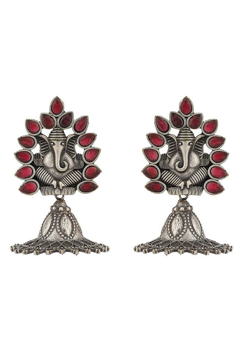Red Stones Ganpati Design Oxidised Earrings